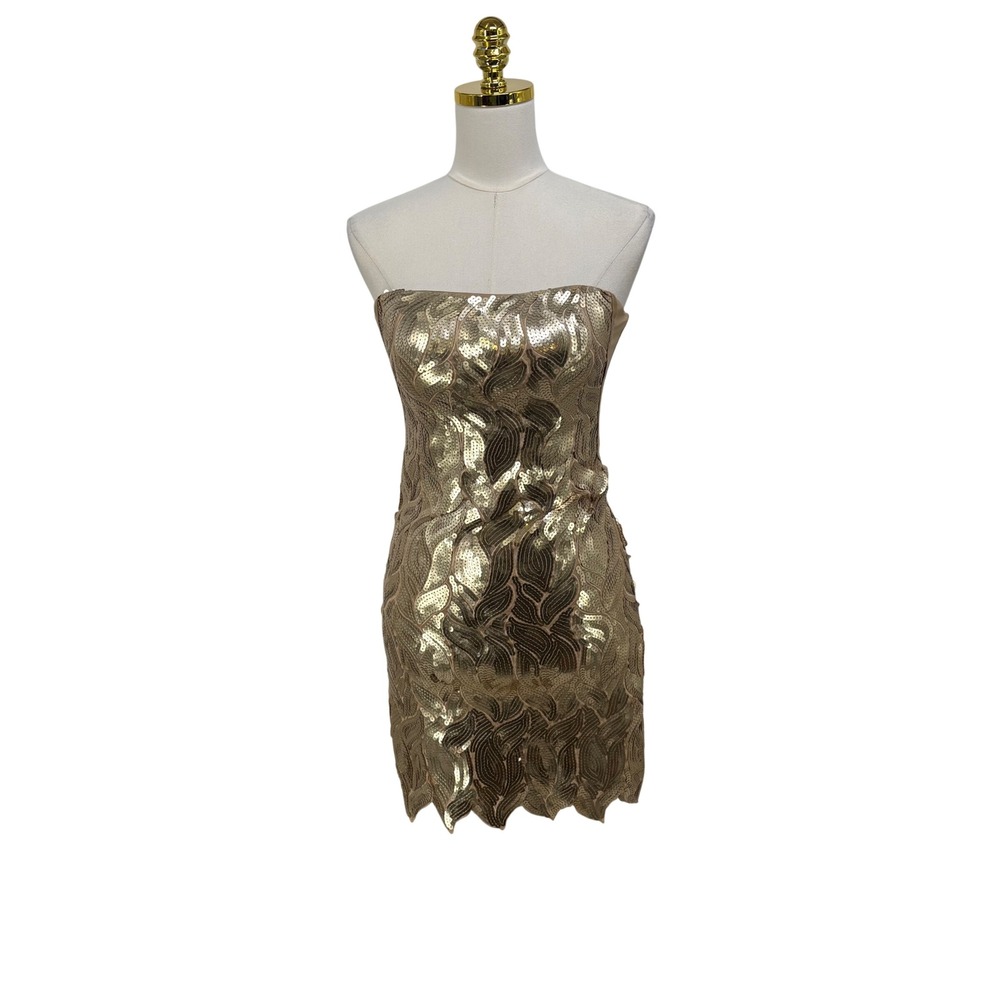 Bebe Gold Sequin Strapless Corset Mini Dress Scalloped Hem Size M Y2K HOCO